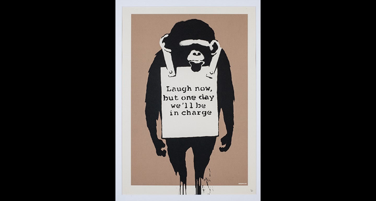Banksy tentoonstelling: aapjes kijken uit de kunst